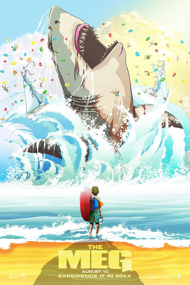 The Meg poster depicts a colossal shark leaping through turquoise waves as swimmers scatter and a child watches from shore.