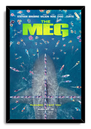The Meg framed wall art print features a colossal shark under colorful watercraft and swimmers in a deep blue ocean scene.
