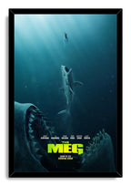 The Meg framed wall art print presents a deep blue underwater scene of a diver, shark, and enormous Megalodon jaws.