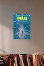 The Meg Movie Poster in a cozy movie room above a brown sofa with popcorn.