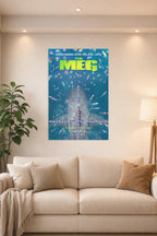 The Meg Movie Poster in a bright living room above a beige sofa.