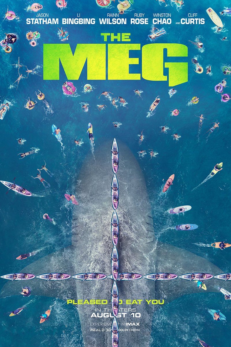 The Meg movie poster wall art print with a giant shark beneath swimmers, kayaks, and lime-green title text in blue water.