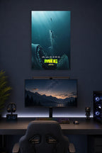 The Meg Movie Poster in a gaming desk setup above a monitor.