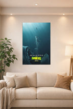 The Meg Movie Poster in a bright living room above a beige sofa.