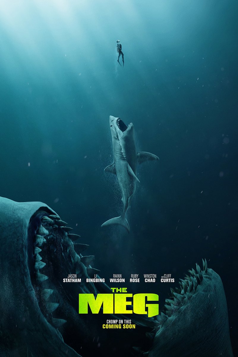 The Meg movie poster depicts a diver above a rising shark, framed by a colossal open-toothed Megalodon in deep blue water.