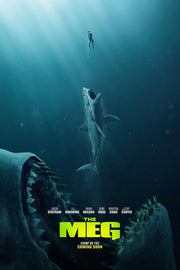 The Meg movie poster depicts a diver above a rising shark, framed by a colossal open-toothed Megalodon in deep blue water.