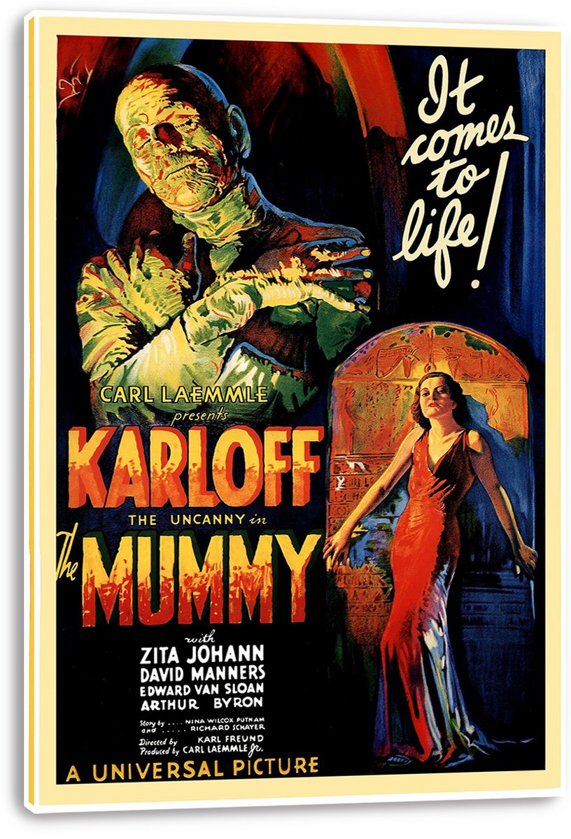 The Mummy wall art print on a thick white canvas shows a wrapped green figure, red-dressed woman, and bold vintage lettering.