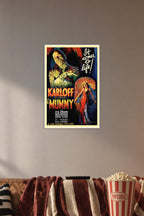 The Mummy (1932) Classic Horror Movie Poster in a cozy movie room above a brown sofa with popcorn.