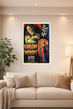 The Mummy (1932) Classic Horror Movie Poster in a bright living room above a beige sofa.