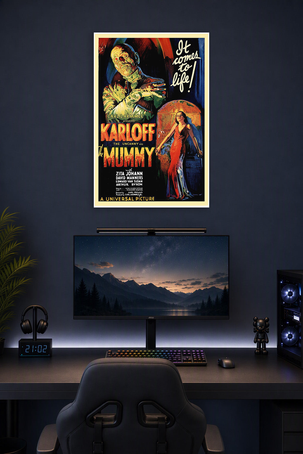 The Mummy (1932) Classic Horror Movie Poster in a gaming desk setup above a monitor.