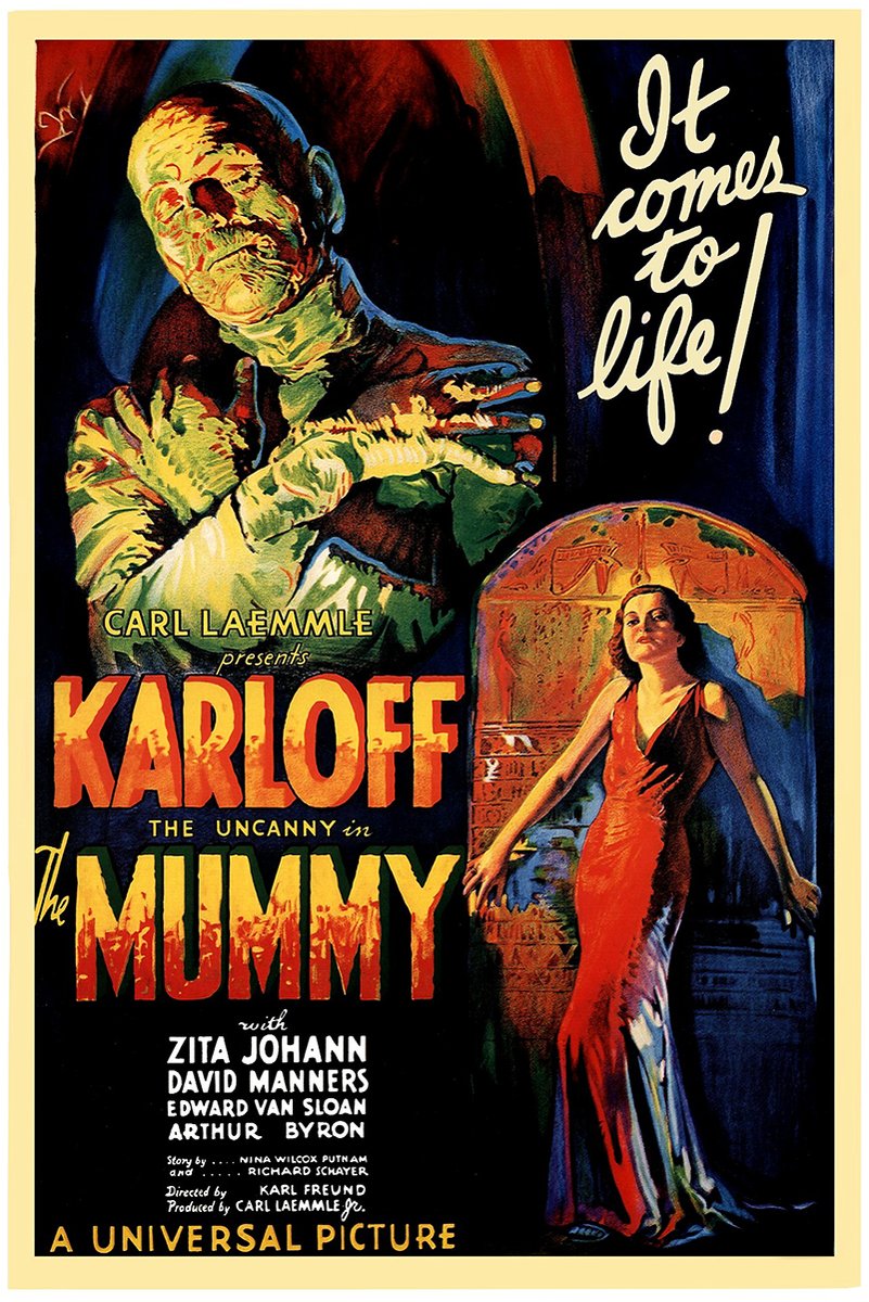 The Mummy poster features a green bandaged figure reaching forward above a woman in a red gown before an Egyptian tomb.