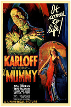 The Mummy poster features a green bandaged figure reaching forward above a woman in a red gown before an Egyptian tomb.