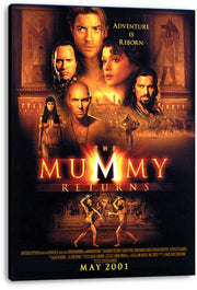 The Mummy Returns wall art print on stretched canvas features character portraits, Egyptian figures, desert riders, and gold lettering.