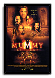 The Mummy Returns framed wall art print features dramatic character portraits, Egyptian statues, desert action, and a black frame.