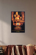 The Mummy Returns Movie Poster in a cozy movie room above a brown sofa with popcorn.