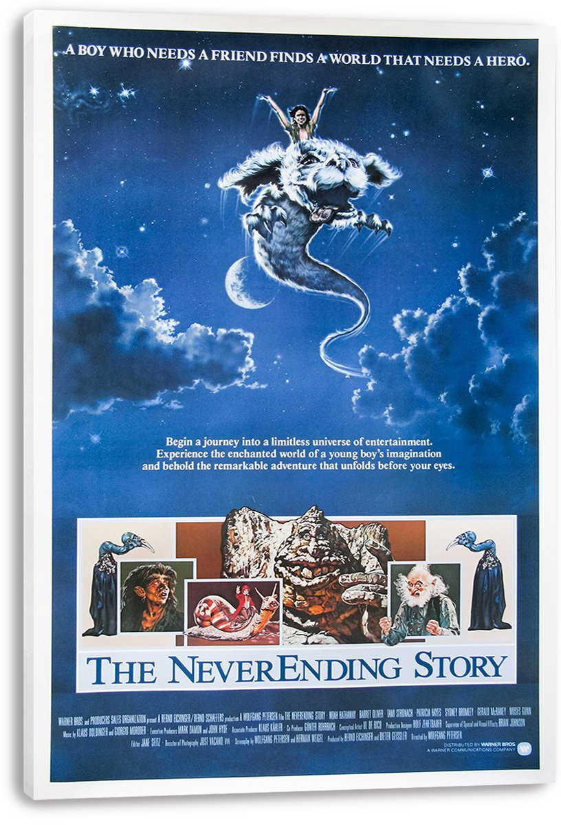 The NeverEnding Story wall art print on a white-edged canvas features the flying luckdragon, moonlit clouds, and character collage.