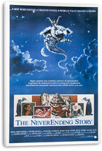 The NeverEnding Story wall art print on a white-edged canvas features the flying luckdragon, moonlit clouds, and character collage.