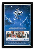 The NeverEnding Story framed wall art print presents a white luckdragon in a blue night sky with character portraits below.