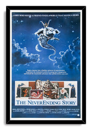 The NeverEnding Story framed wall art print presents a white luckdragon in a blue night sky with character portraits below.