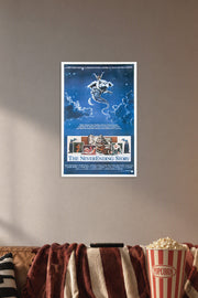 The NeverEnding Story in a cozy movie room above a brown sofa with popcorn.