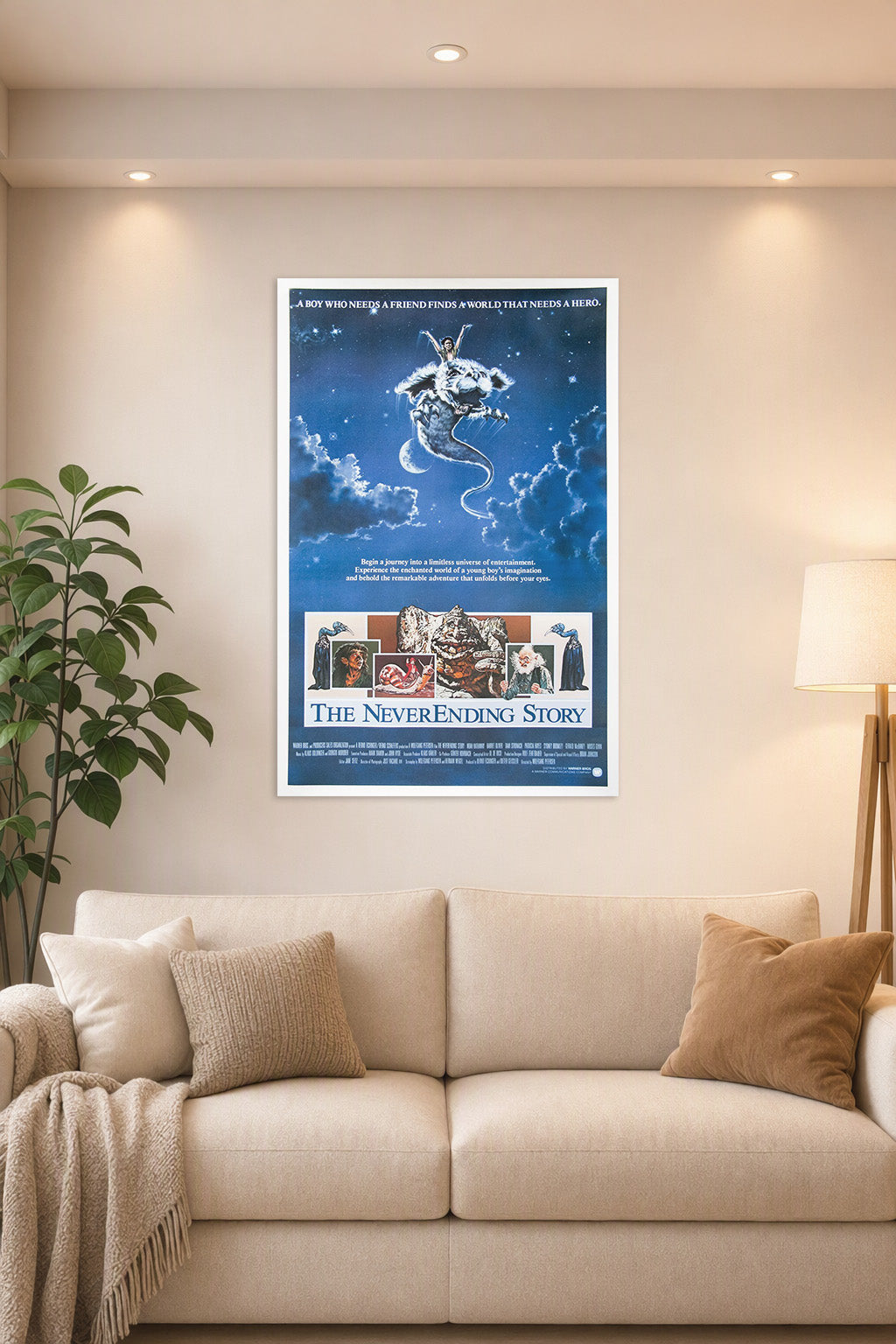 The NeverEnding Story in a bright living room above a beige sofa.