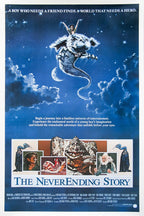 The NeverEnding Story poster features a boy riding a white luckdragon through a starry blue sky above character panels.