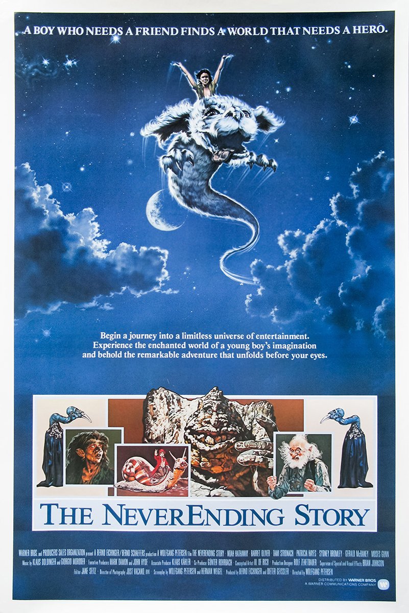 The NeverEnding Story poster features a boy riding a white luckdragon through a starry blue sky above character panels.