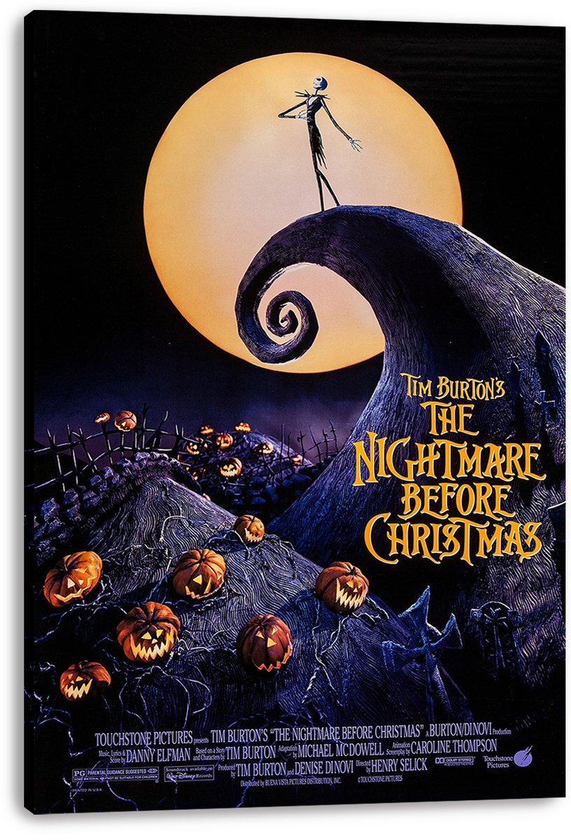 The Nightmare Before Christmas canvas wall art print displays Jack Skellington atop Spiral Hill with pumpkins and a golden moon.