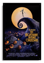 The Nightmare Before Christmas framed wall art print portrays Jack Skellington, Spiral Hill, glowing jack-o'-lanterns, and a full moon.