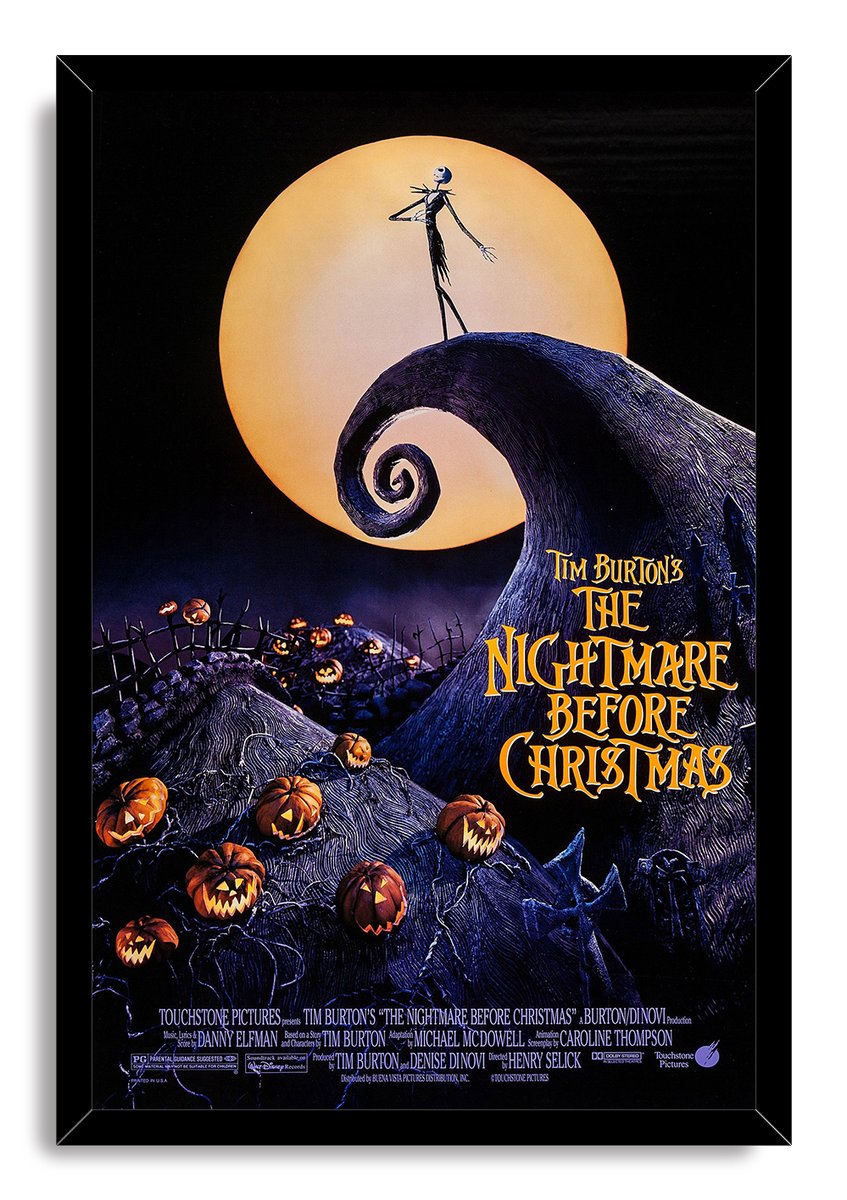 The Nightmare Before Christmas framed wall art print portrays Jack Skellington, Spiral Hill, glowing jack-o'-lanterns, and a full moon.