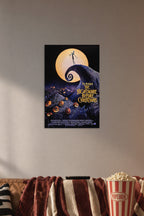 The Nightmare Before Christmas Jack Skellington in a cozy movie room above a brown sofa with popcorn.