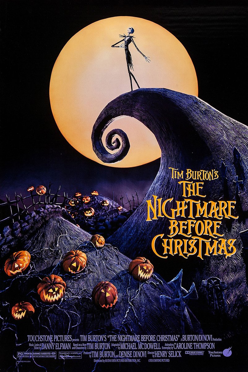 The Nightmare Before Christmas poster features Jack Skellington on a curled hill beneath a full moon and glowing pumpkins.