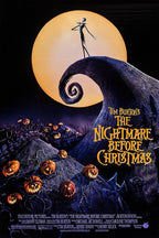 The Nightmare Before Christmas poster features Jack Skellington on a curled hill beneath a full moon and glowing pumpkins.