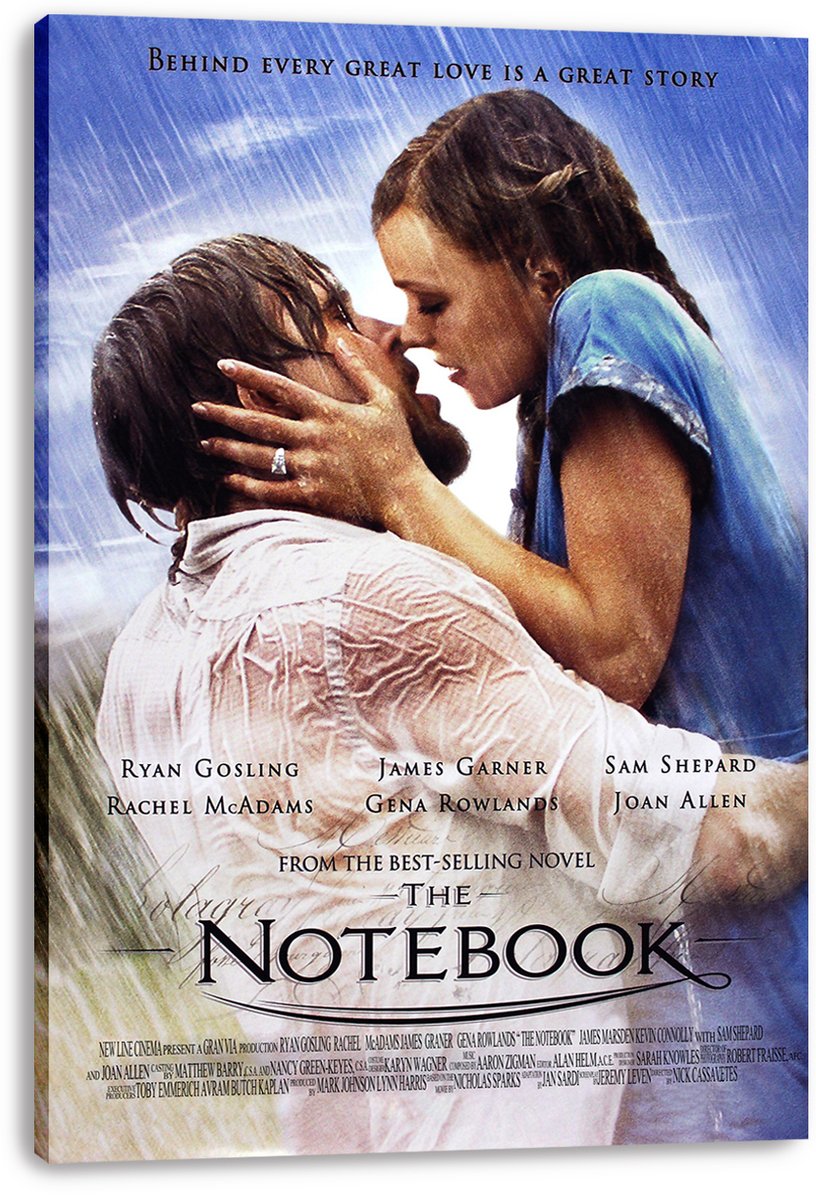 The Notebook canvas wall art print featuring a couple in the rain, mounted with visible wrapped canvas edges.