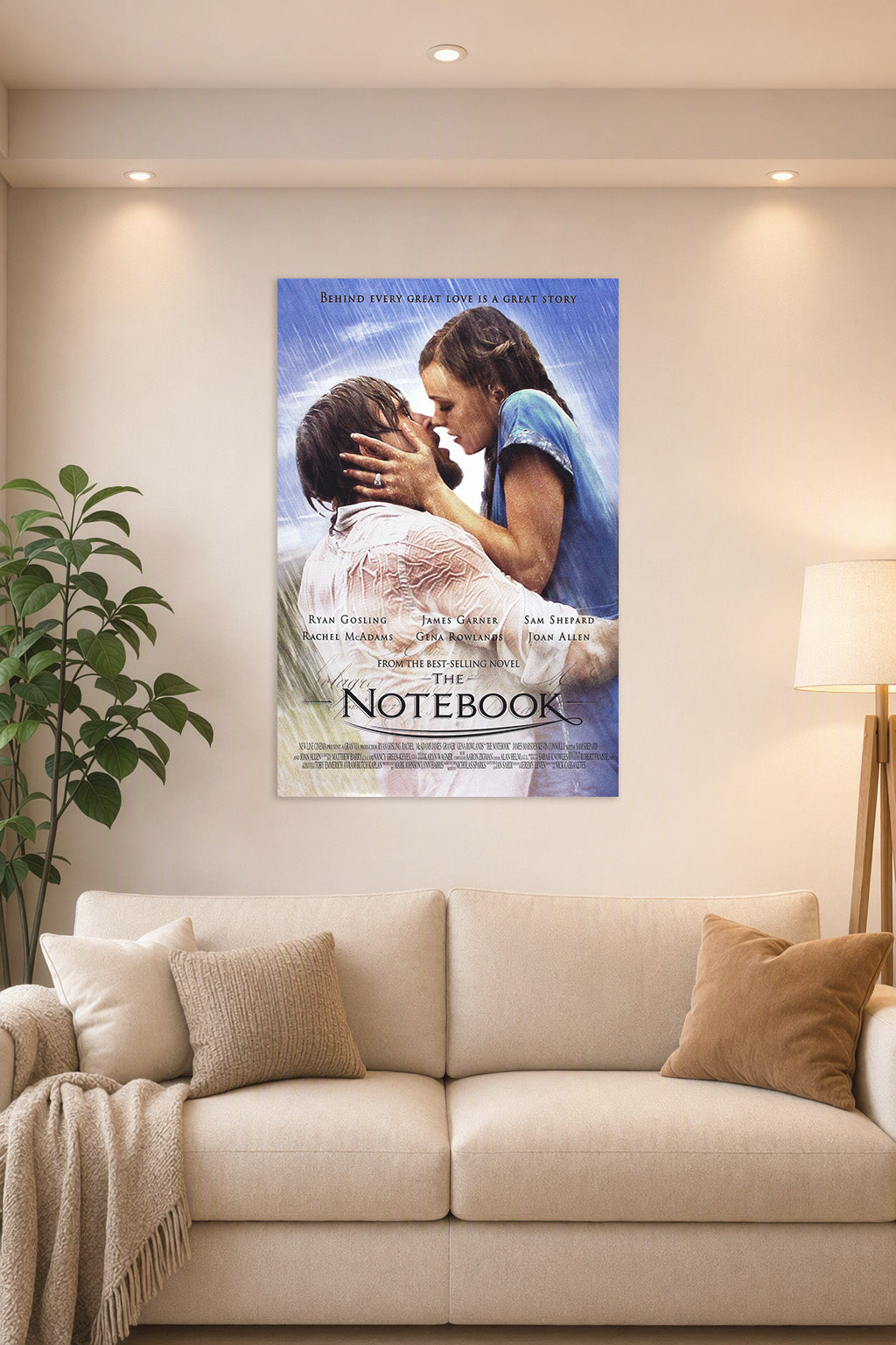 The Notebook Movie in a bright living room above a beige sofa.