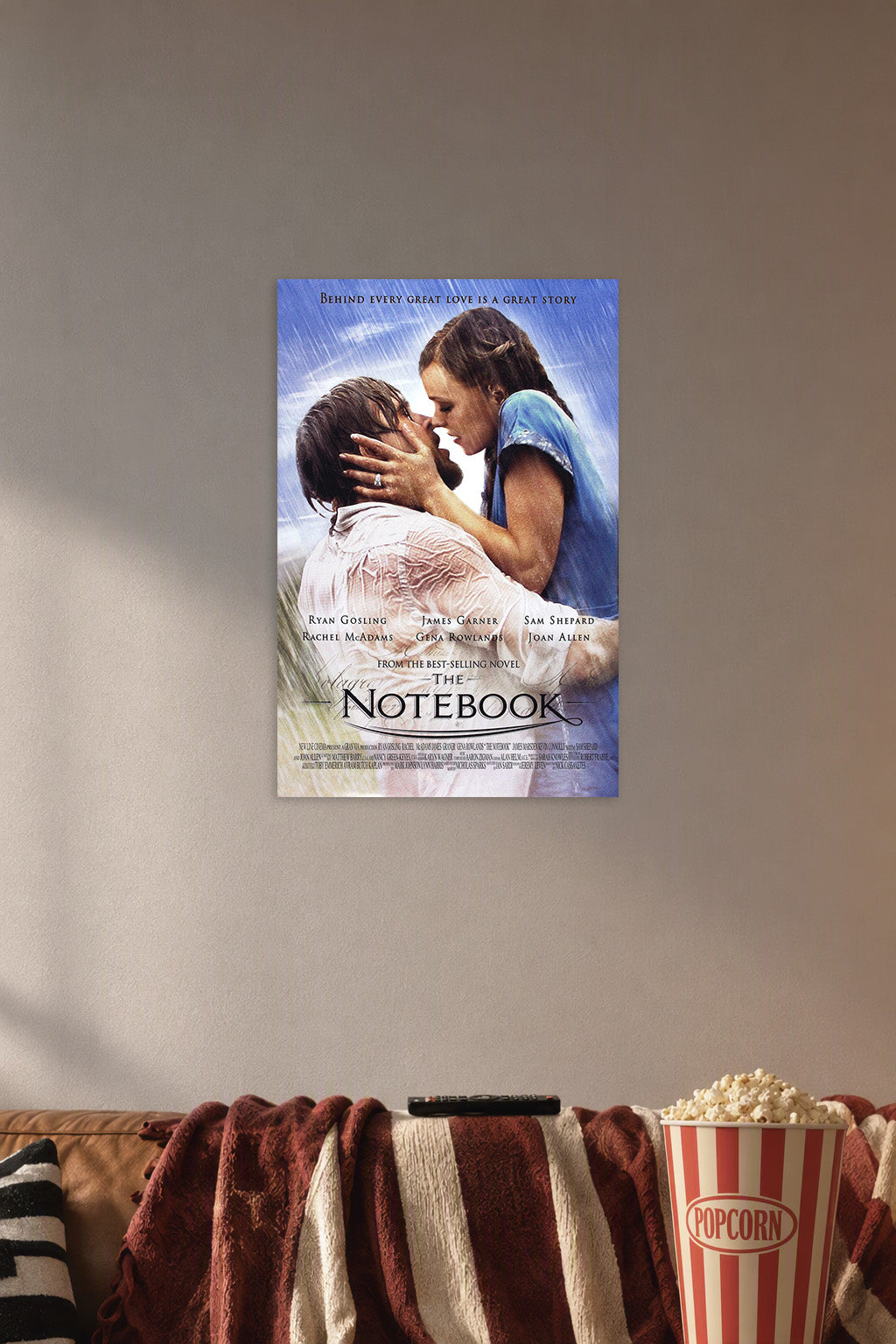 The Notebook Movie Kiss Scene in a cozy movie room above a brown sofa with popcorn.