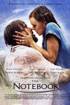 The Notebook poster features a rain-soaked couple embracing beneath a blue stormy sky, with film title and cast text.