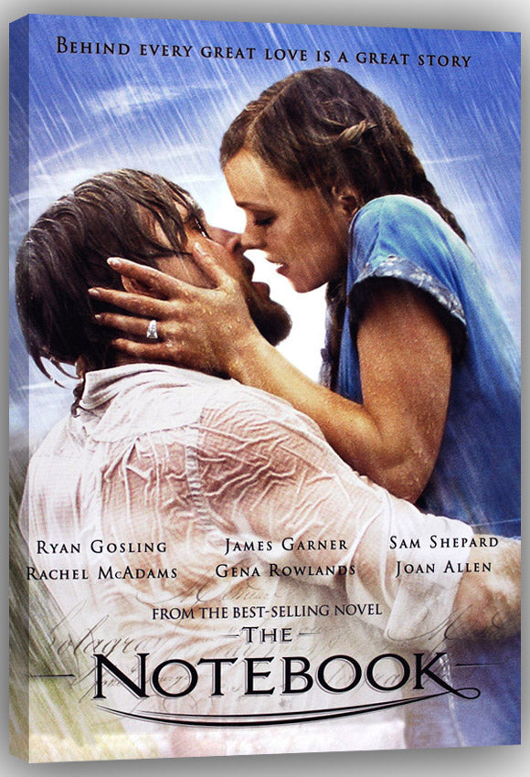The Notebook wall art print displays a couple in a rain-soaked embrace against blue skies, presented as an unframed canvas-style panel.