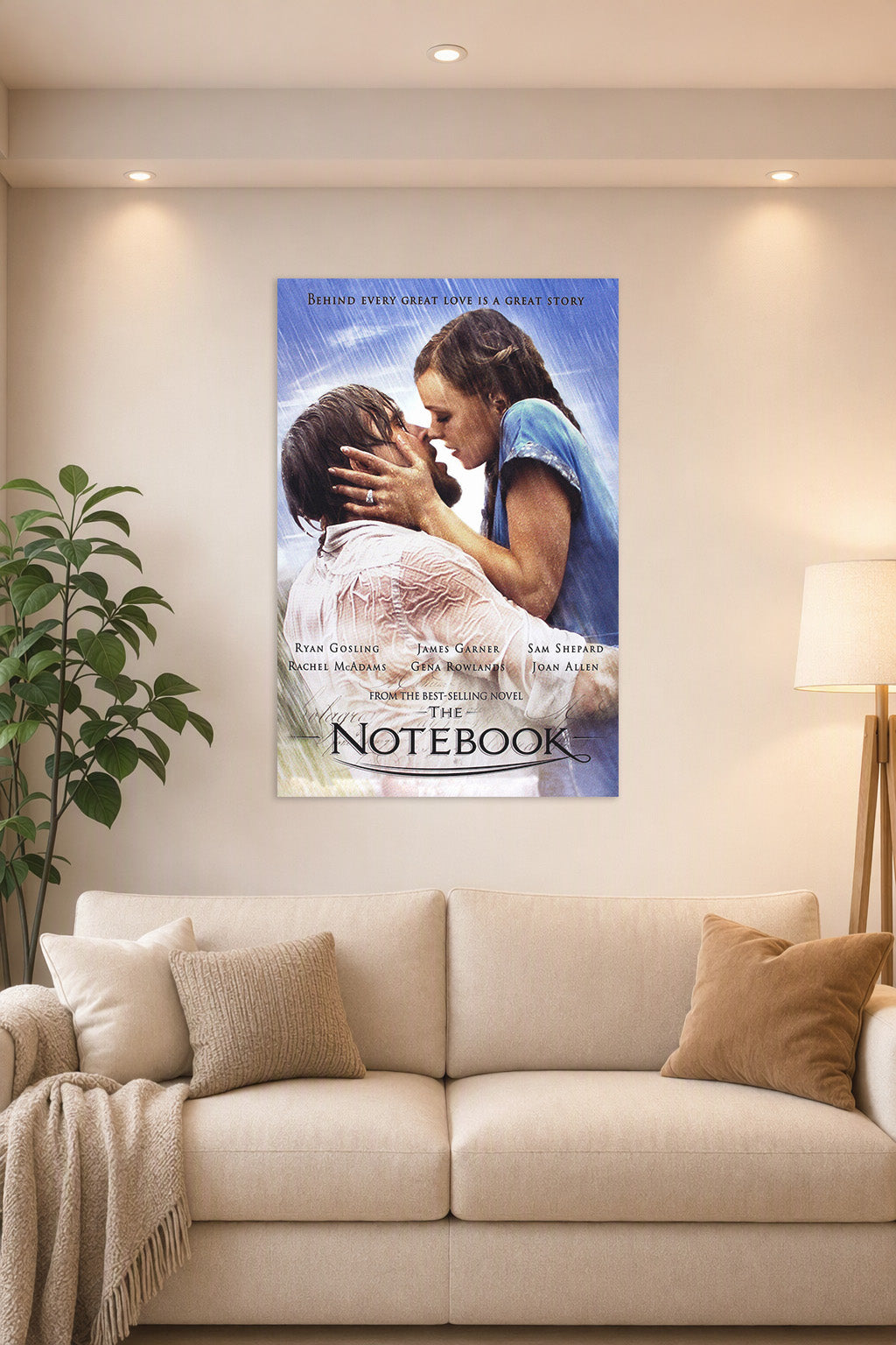 The Notebook Movies in a bright living room above a beige sofa.