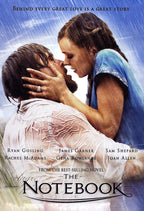 The Notebook poster features a rain-soaked couple embracing closely beneath a blue stormy sky, with film title and cast text.