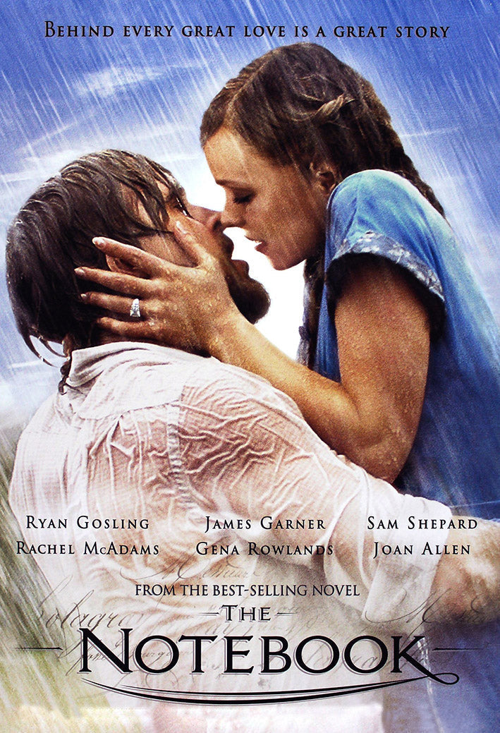 The Notebook poster features a rain-soaked couple embracing closely beneath a blue stormy sky, with film title and cast text.
