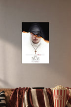The Nun Horror Movie in a cozy movie room above a brown sofa with popcorn.