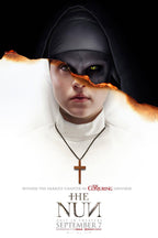 The Nun poster features a white-clad nun with a cross necklace, her face torn open to reveal Valak's green-eyed visage.
