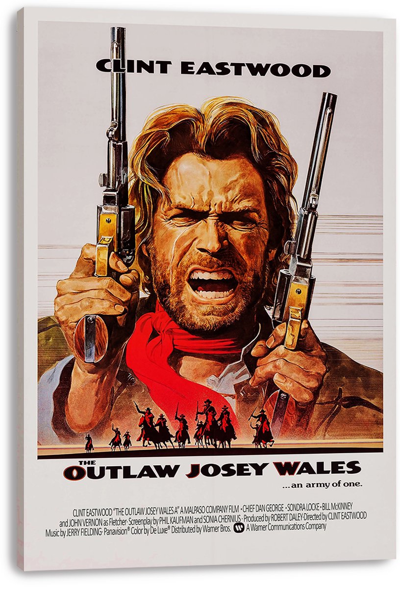 The Outlaw Josey Wales canvas wall art print displays Clint Eastwood gripping two pistols above silhouetted mounted riders.