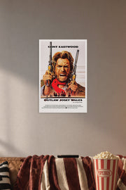 The Outlaw Josey Wales in a cozy movie room above a brown sofa with popcorn.