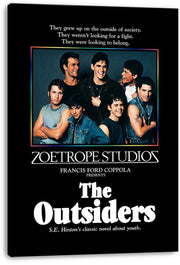 The Outsiders canvas wall art print displays the ensemble cast portrait, white title lettering, and black gallery-wrapped edges.