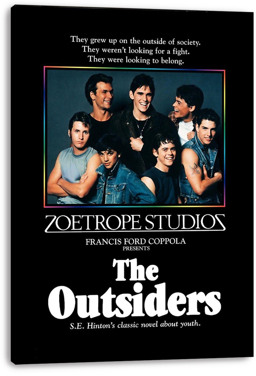 The Outsiders canvas wall art print displays the ensemble cast portrait, white title lettering, and black gallery-wrapped edges.