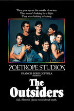 The Outsiders poster features seven young men in denim and dark clothing within a rainbow border on black.