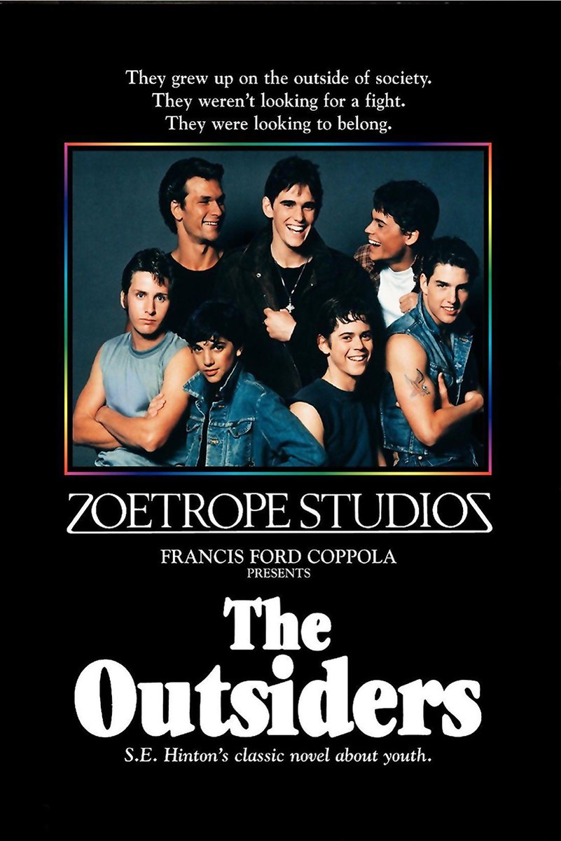 The Outsiders poster features seven young men in denim and dark clothing within a rainbow border on black.