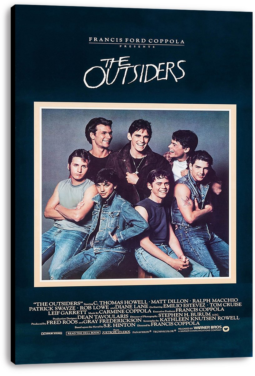 The Outsiders canvas wall art print presents the cast portrait in denim, bordered in cream with navy credits and title.